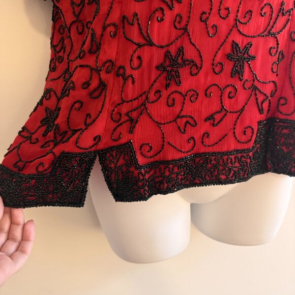 Vintage Stenay Red Silk Beaded Top | L | Holiday Party & Cocktail Blouse - Picture 7 of 13